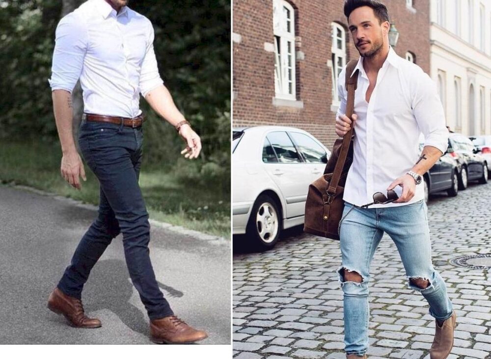 Phối áo sơ mi trắng + quần jeans xanh là gợi ý phù hợp để mặc đi làm